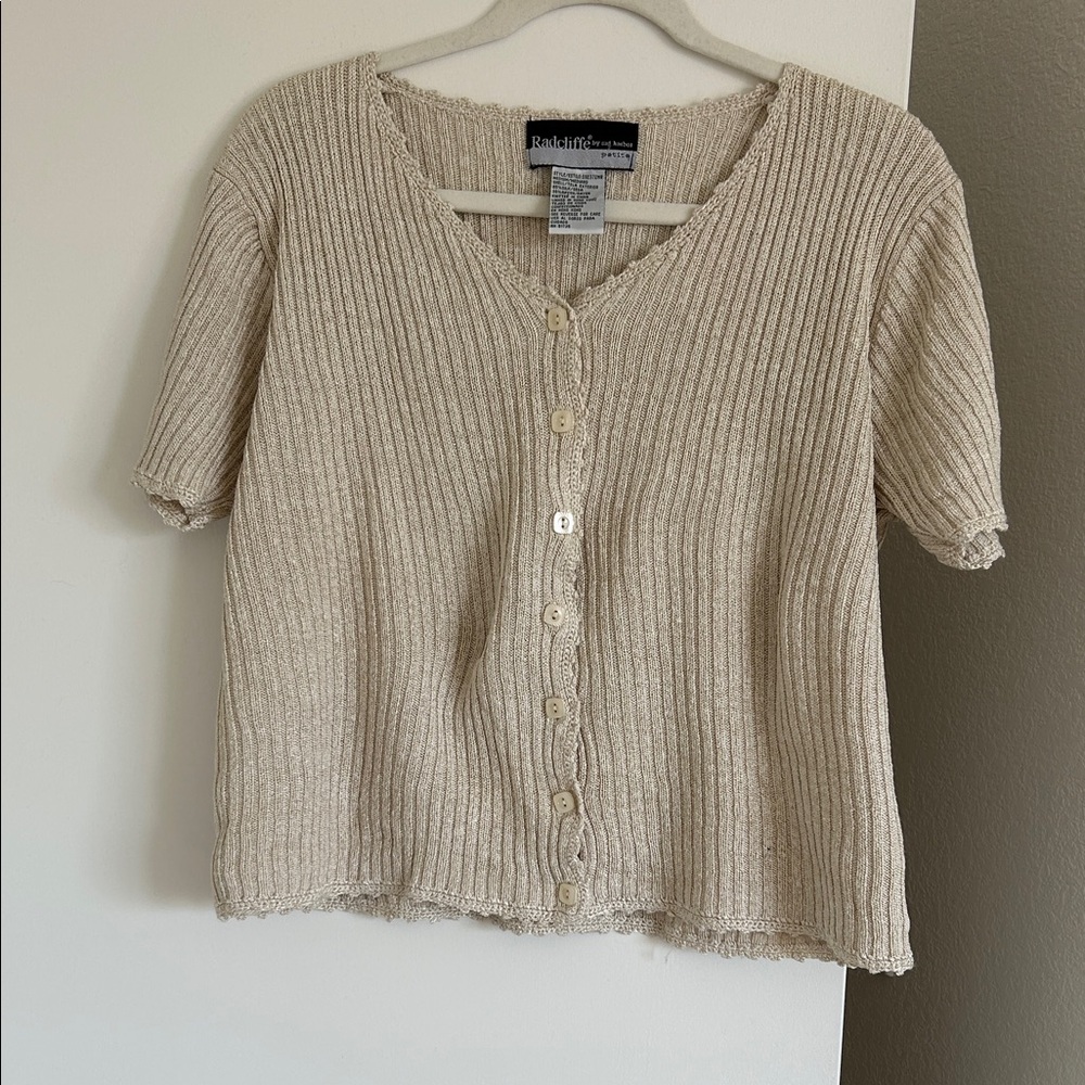 VINTAGE Ribbed Button-Up Cardigan. 65% silk and 35% rayon fabric.